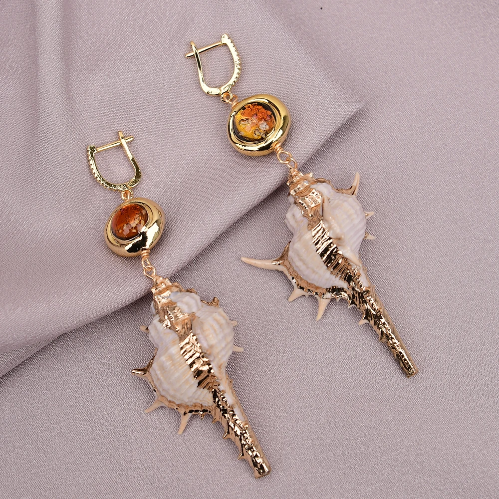 G-G Natural Brown Murano Glass Gold Edge Plated Sea Snail Shell Drop Dangle Earrings Handmade For Lady