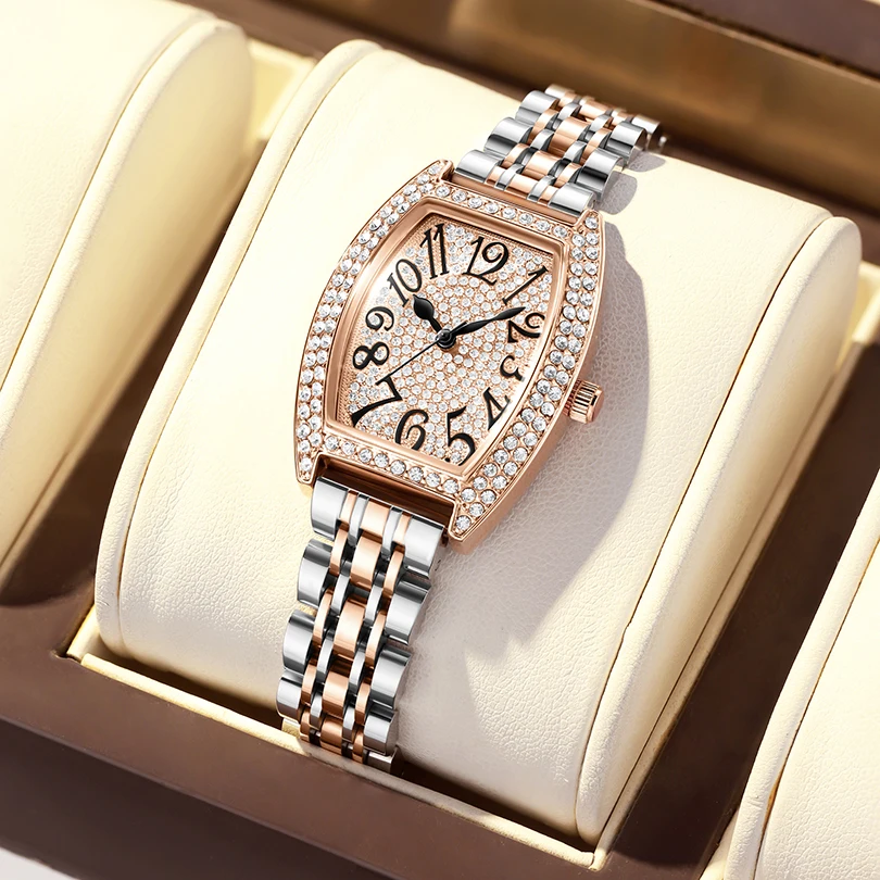 Rose Gold Full Diamond Watch Women Quartz Wristwatch Luxury Ladies Tonneau Clock Fashion Stainless Steel Rhinestone Reloj