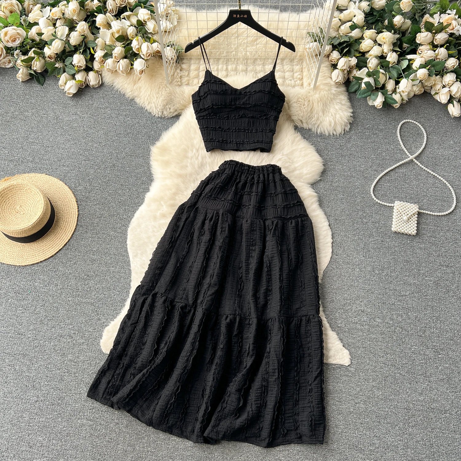 Women Sweet Two Pieces Sets Sleeveless Crop Top Shirt Elegant Summer Beach Lool Vintage Skirt Sets