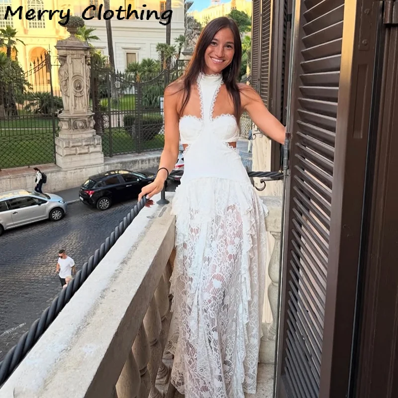 مثير الدانتيل المرقعة فستان المرأة الجوف خارج أكمام نادي الحفلات تنورة طويلة انظر من خلال الرسن ثوب مسائي عطلة سيدة الجلباب