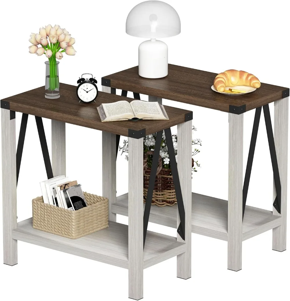 

Farmhouse End Table Set of 2, Narrow Side End Table with Storage Shelf, Rustic A-Design Nightstand Sofa Table