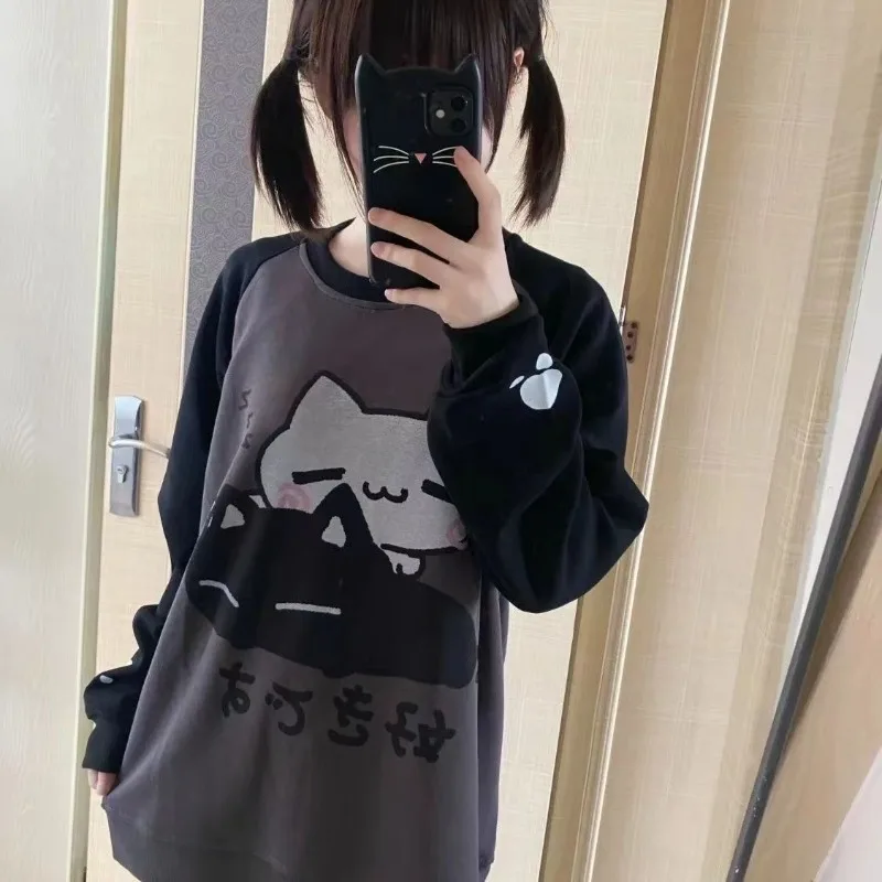 

Japan Sweet Cartoon Print Streetwear Sweatshirts Constrast Color Office Lady Harajuku Loose Clothes Y2k Aesthetic Pullovers