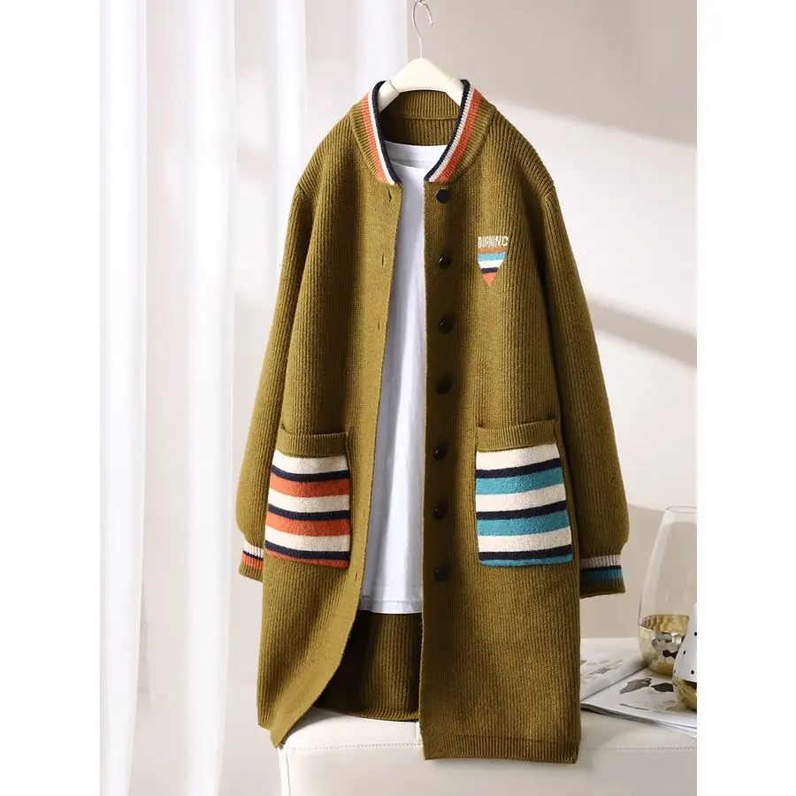 New Autumn and Winter Mid-length Baseball Neckline Pocket Color Block Knitted Sweater for Women Fashion Commuter Cardigan Jacket
