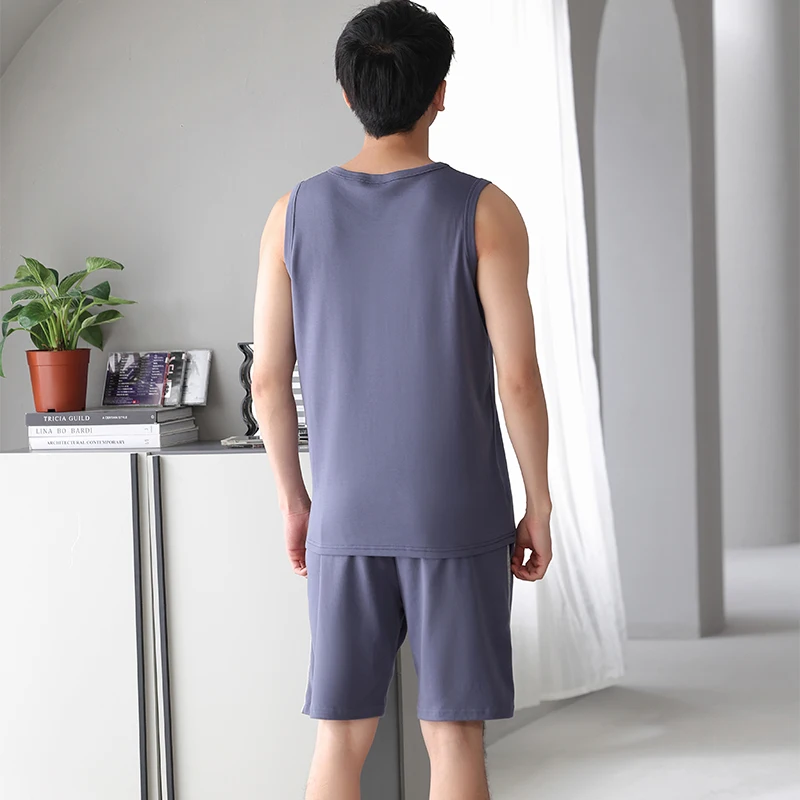 New Knited Cotton Men Pajama Set Summer Sleeveless Sleepwear Big Size M-4XL Leisure Suits Nightwear Men Pijamas