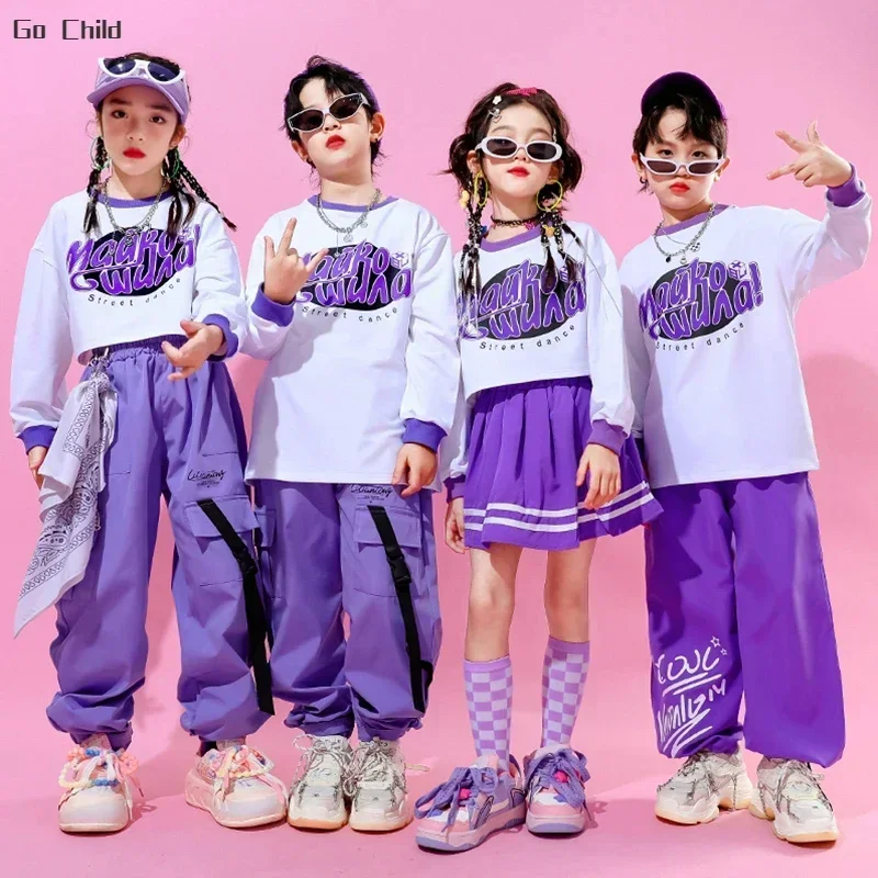 Hip Hop Girls Crop Top Skirts Purple Clothes Sets Boys Jazz Vest Sweatshirts Street Dance Cargo Pants Children Kids Streetwear