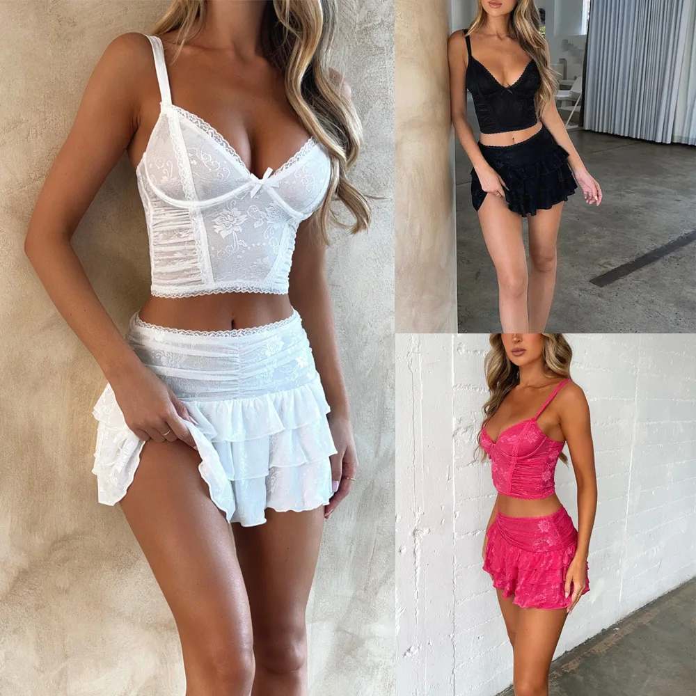 

BKLD Summer Y2k Clothes Women Sexy Lace Spaghetti Strap Crop Tops And Mini Skirt Two Piece Sets Night Club Outfits Solid Color