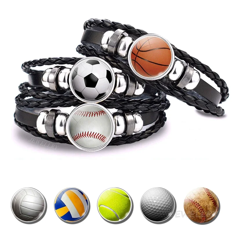 Football Basketball Bracelet Sports Ball Baseball Vintage Black Cool Punk Bracelets Glass Cabochon Jewelry Men Gift Dropshipping