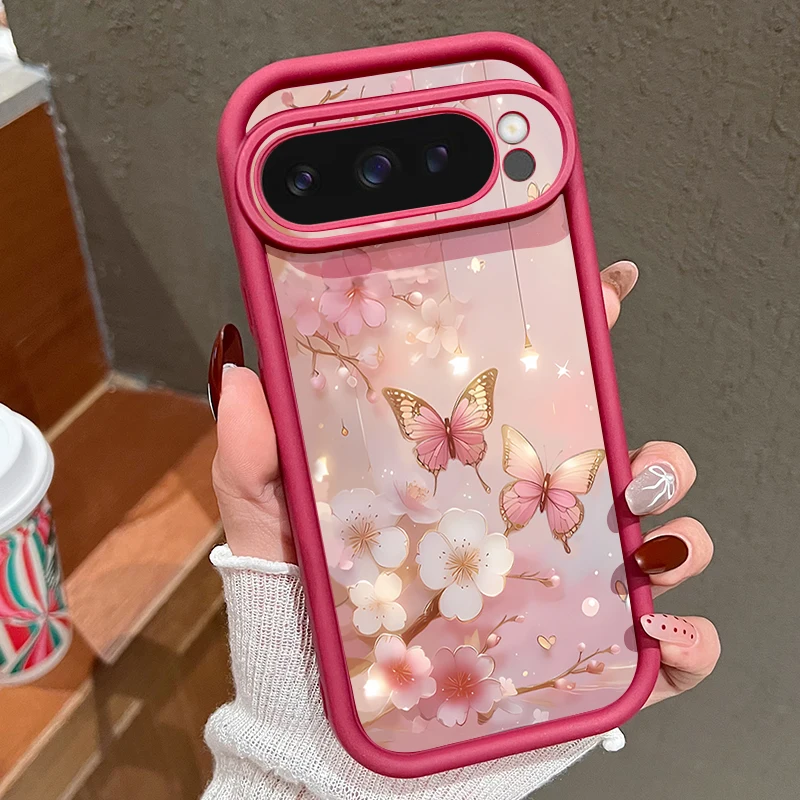 Weiche TPU-Handyhülle für Google Pixel 10 9 8 7 Pro Pixel 9 10 Pro XL 7A 8A 9A Stoßfeste Rosa Blumen-Schmetterling Bedruckte Rückseite