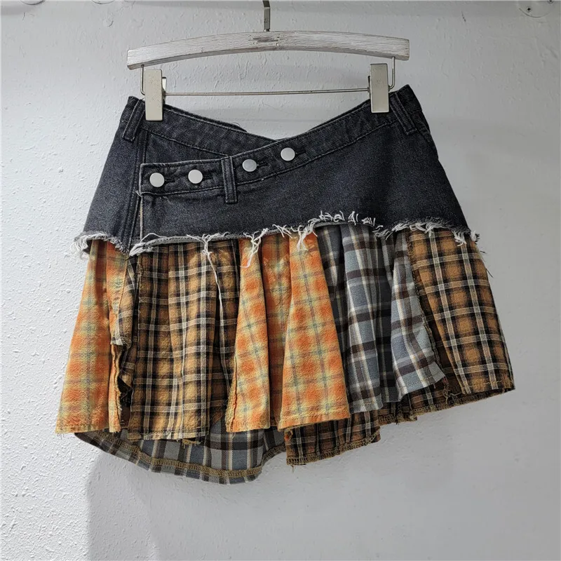 ANJY Sommer Neue frauen Ins Nische Design Flut Unregelmäßigen Plaid Patchwork Denim Kurzen Rock Trend Hip-Hup Streetwear röcke A14758