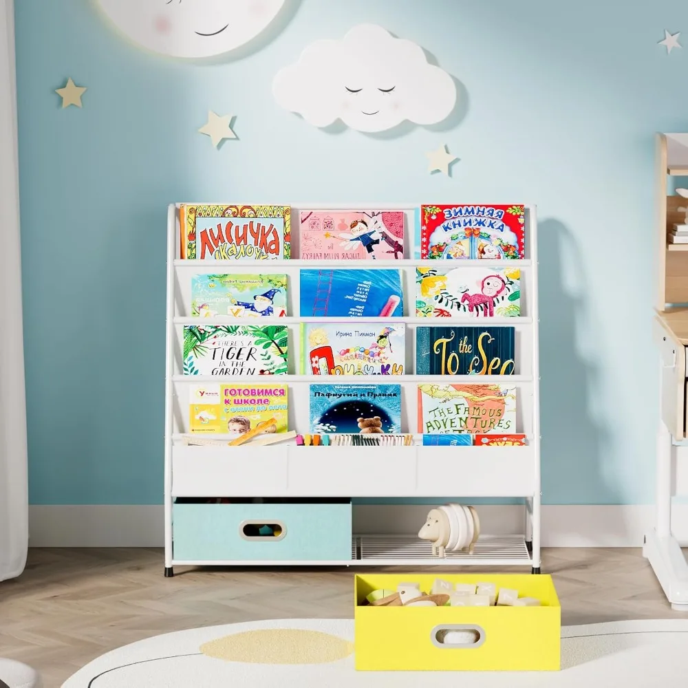 Libreria per bambini-libreria piccola a 4 livelli per camera dei bambini, scaffale per libri in metallo, scaffale per libri a tracolla e contenitore per giocattoli