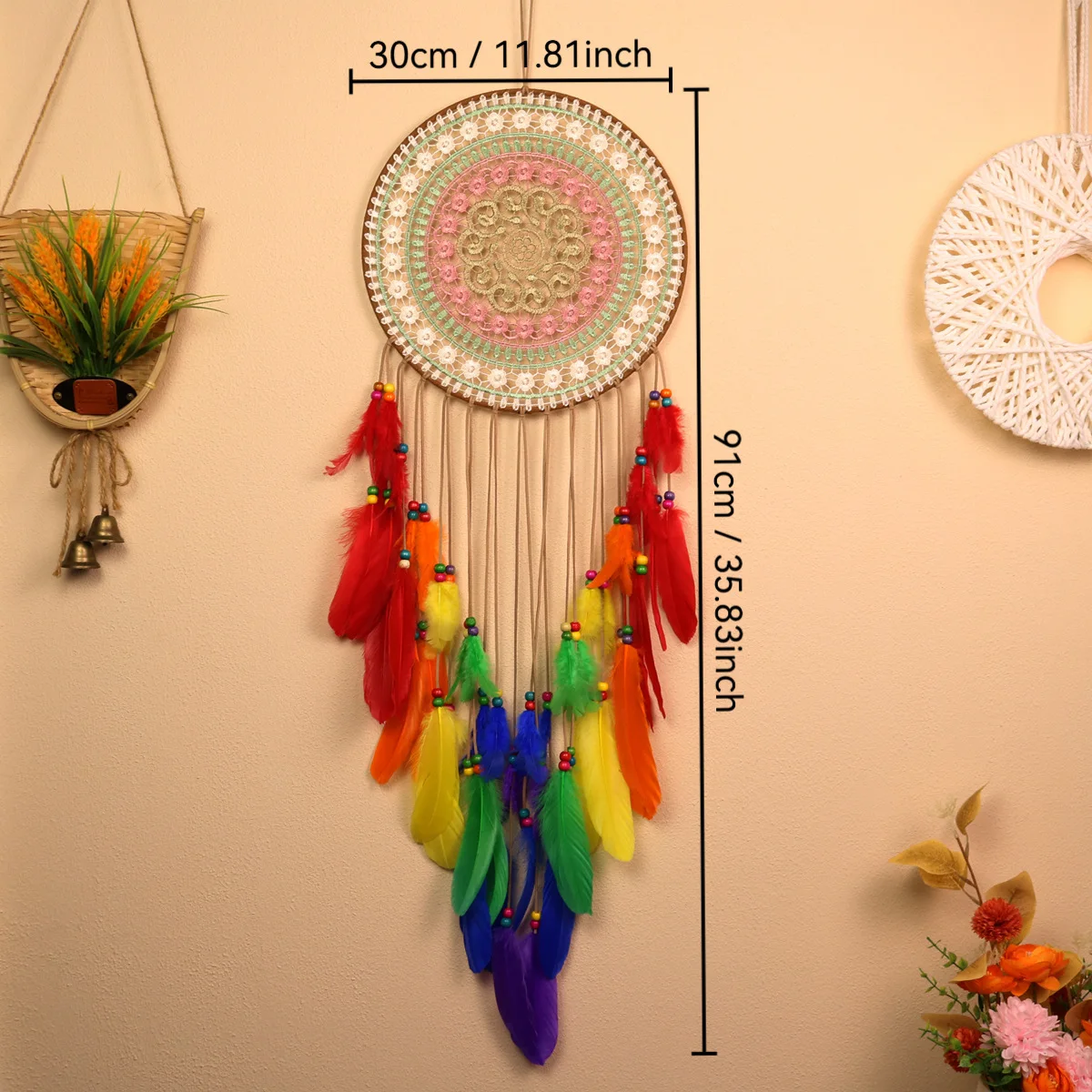 Rainbow Feather Pendant Bohemian Retro Hand-woven Pendant Living Room Bedroom Wall Decoration Pendant Home Decoration