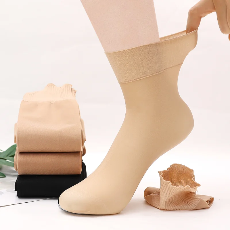 Skin Color Transparent Thin Women Ruffled Silk Socks Nylon Fashion Ladies Female Summer Short Ankle Silk Socks Meias