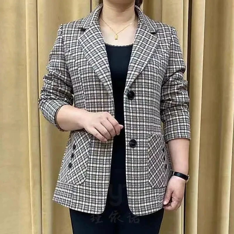 Large Size Mother Suit Coat New Fashion Short Plaid Blazer Jacket Middle-Aged Women All-Match Outwear Office Female Casual Tops