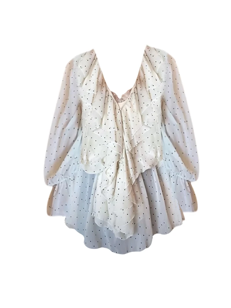 

Женская блузка больших размеров с длинным рукавом, V-образным вырезом, в корейском стиле, с рюшами по низу и эффектом утяжки талии, в горошек, для девушек, весна