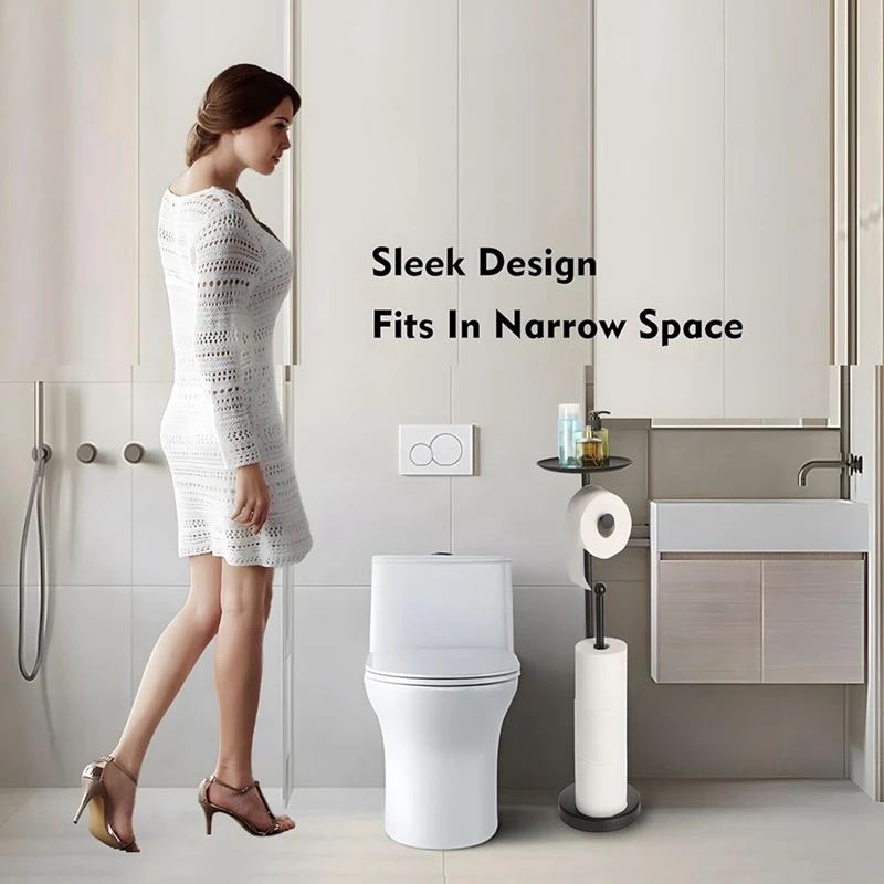 حامل ورق التواليت باللون الأسود من PORK مع رف، حامل ورق تواليت قائم بذاته، قاعدة ثقيلة بدون قلابة للحمام