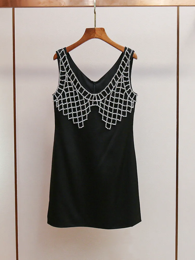 

Women Black Tank Dress Diamond Decoration U-Neck Sleeveless Elegant Autumn 2024 Mini Robe