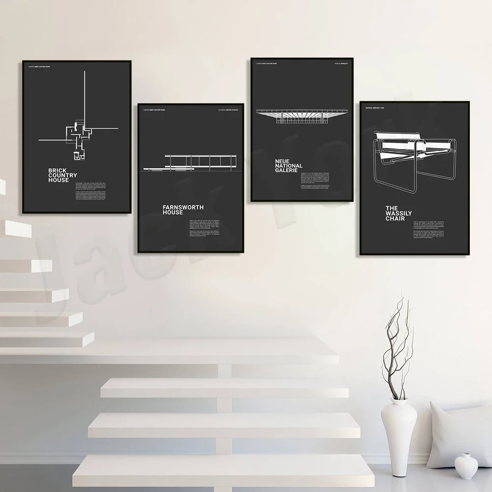Farnsworth House، Ludwig Mies van der Rohe، Neues Nationalgalerie Berlin، ملصق معماري كلاسيكي أبيض وأسود، Bauhaus