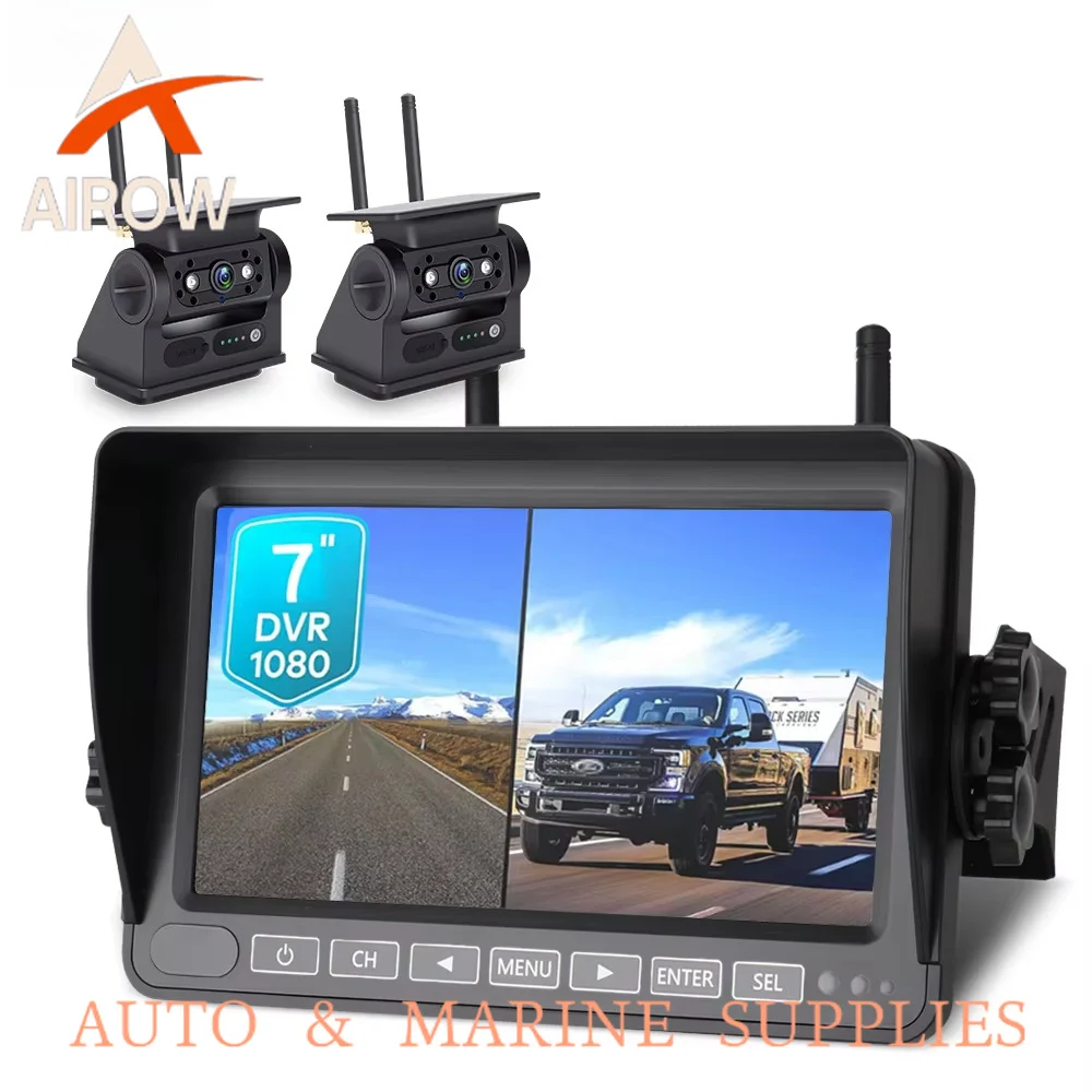 Airow auto Wireless Backup Camera IP66 Waterproof Dual Split Screen Monitor with Parking Lines SD Card Recording for Truck RV