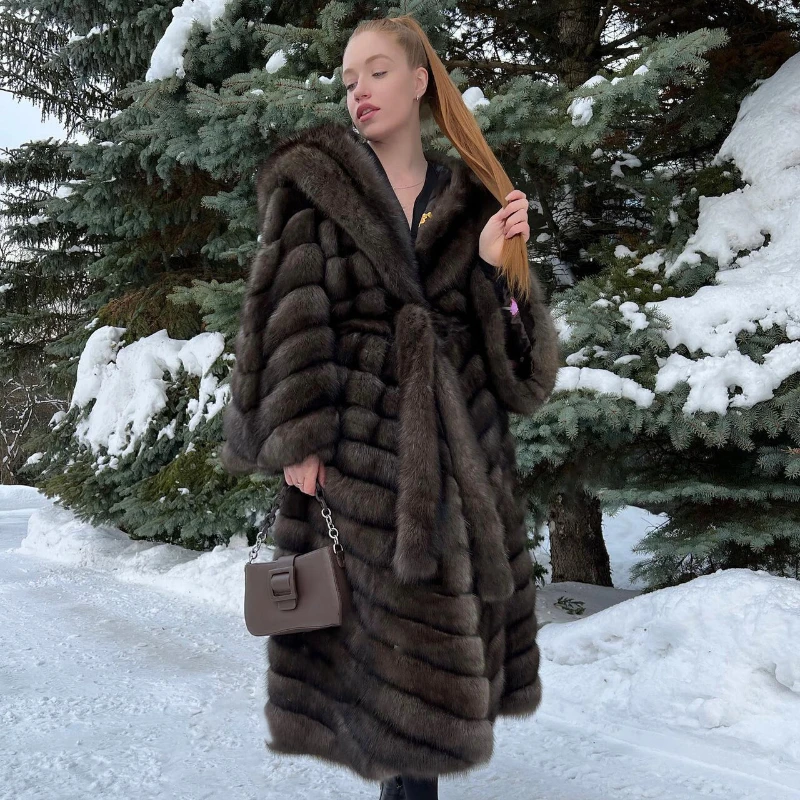 New Luxury Women Real Fox Fur Coat Hooded Thick Warm Overcoat Female Winter Elegant Natural Fox Fur Long Jacket