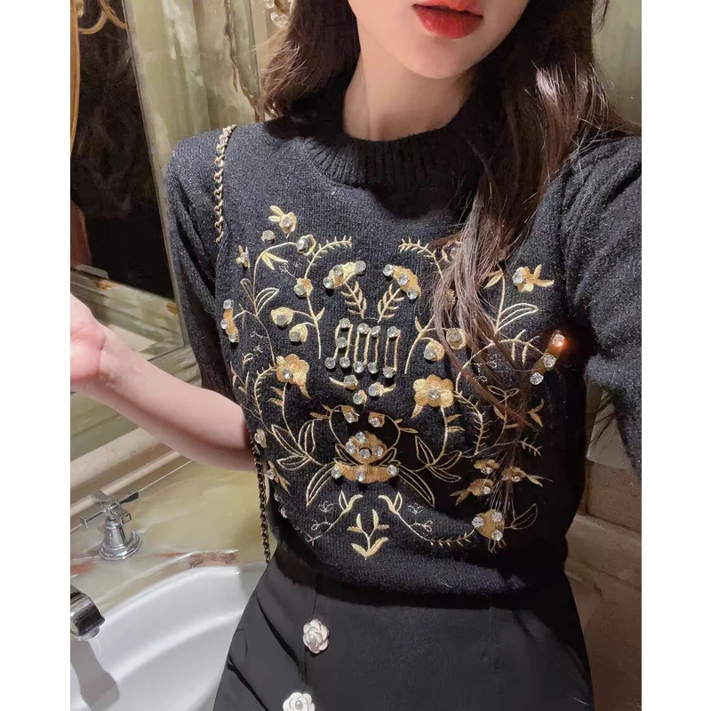 Women's Clothing Elegant Fashion Embroidery Rhinestone Chic Knitwear Spring Summer Casual O Neck Short Sleeve Slim Pullover Tops