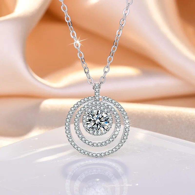 KOFSAC New Luxury Full Zircon Double Layer Geometry Round Pendant Jewelry 925 Sterling Silver Necklaces For Women Birthday Gifts