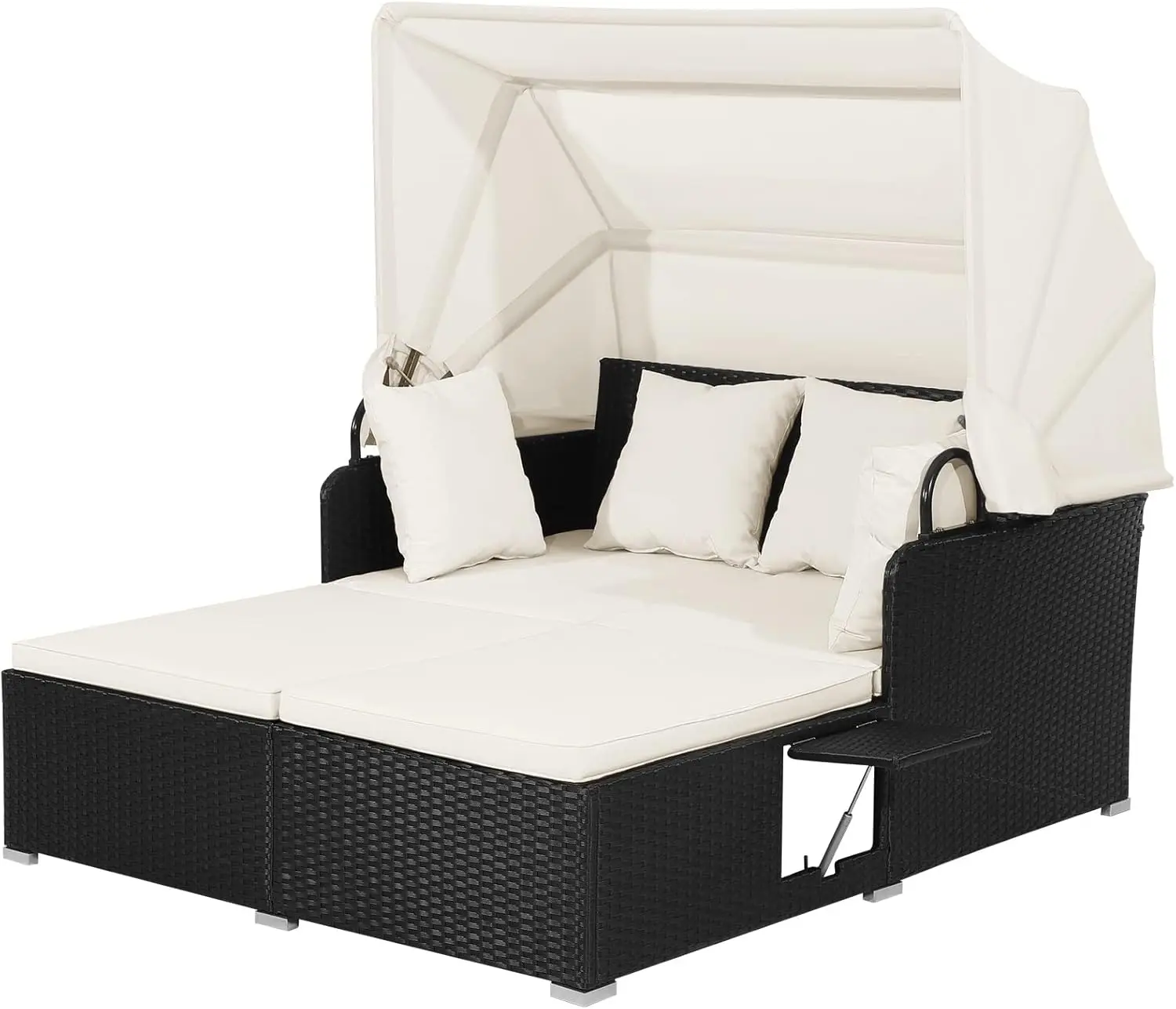 HAPPYGRILL-cama de día de mimbre de PE tejida a mano para exteriores, sofá con dosel retráctil y 2 mesas laterales, para Patio, Loveseat