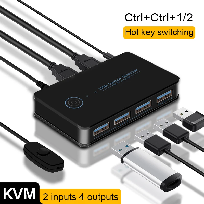 KVM USB 3.0 Switch Hotkey Switcher 2 In 4 Out USB Hub Shortcut Key Switch for Keyboard Mouse Printer Shared Controller USB KVM