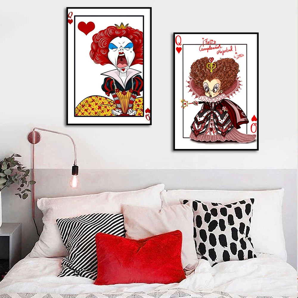 Q of Hearts Paintng Cartoon Wall Art Canvas Poster Print Alice in Wonderland Red Queen Pictures Living Room Home Decor Cuadros