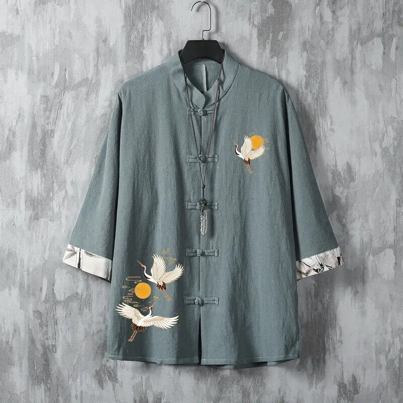 Men's Summer Sun & Crane Embroidered Short Sleeve Mandarin Collar Shirt Lightweight Linen Casual Top with Frog Buttons for Man