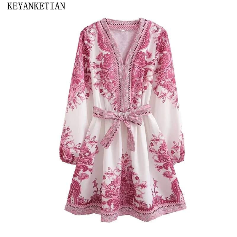 KEYANKETIAN New Launch Boho Holiday wind Women Matching Position Print With Belt Loose Dress V-Neck Long Sleeve A Line Miniskirt