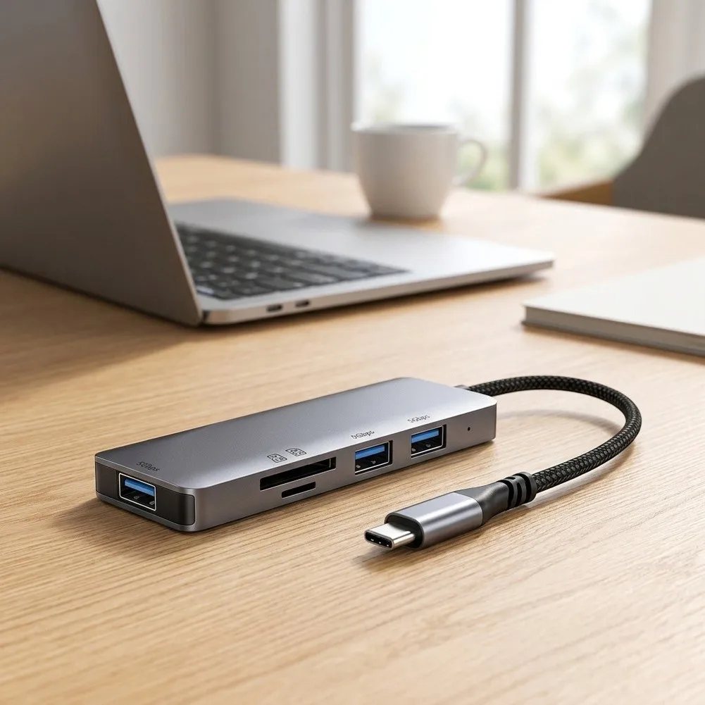 5-in-1 Laptop Docking-Station USB C Hub Adapter 5Gbps High-Speed Transfer Converter Dual Memory Card Reader Accessories