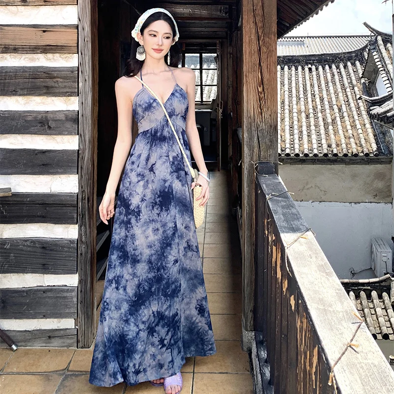 

Coigarsam Women Beach Dress Summer Office Lady National Wind Tie Dye Spaghetti Strap V-Neck Treasure Blue Dresses