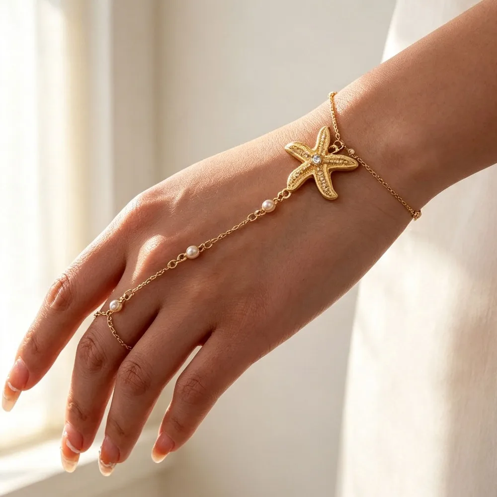 Women Connected Hand Harness Bracelet Ring, Handmade Starfish Pearl Link Chain Hand Jewelry Gift