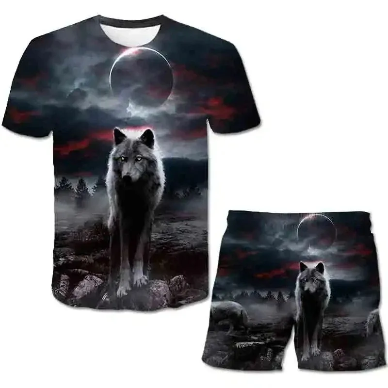 2025 Summer Casual T-shirt Shorts 2-piece Set Fashion High Quality Men's T-shirt Set Animal 3D Printed Wolf Totem