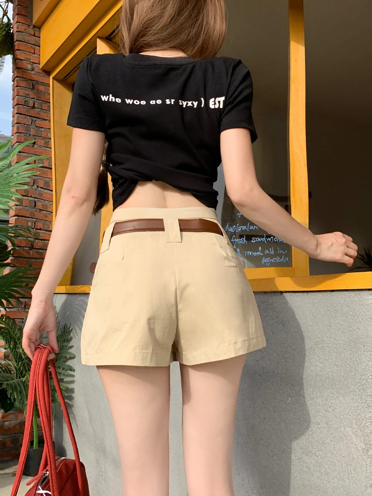 Pantaloncini divisi vintage kaki da donna Gonne Y2K Harajuk 2025 Pantaloncini a trapezio a vita alta casual moda coreana estiva Donna Nuovo