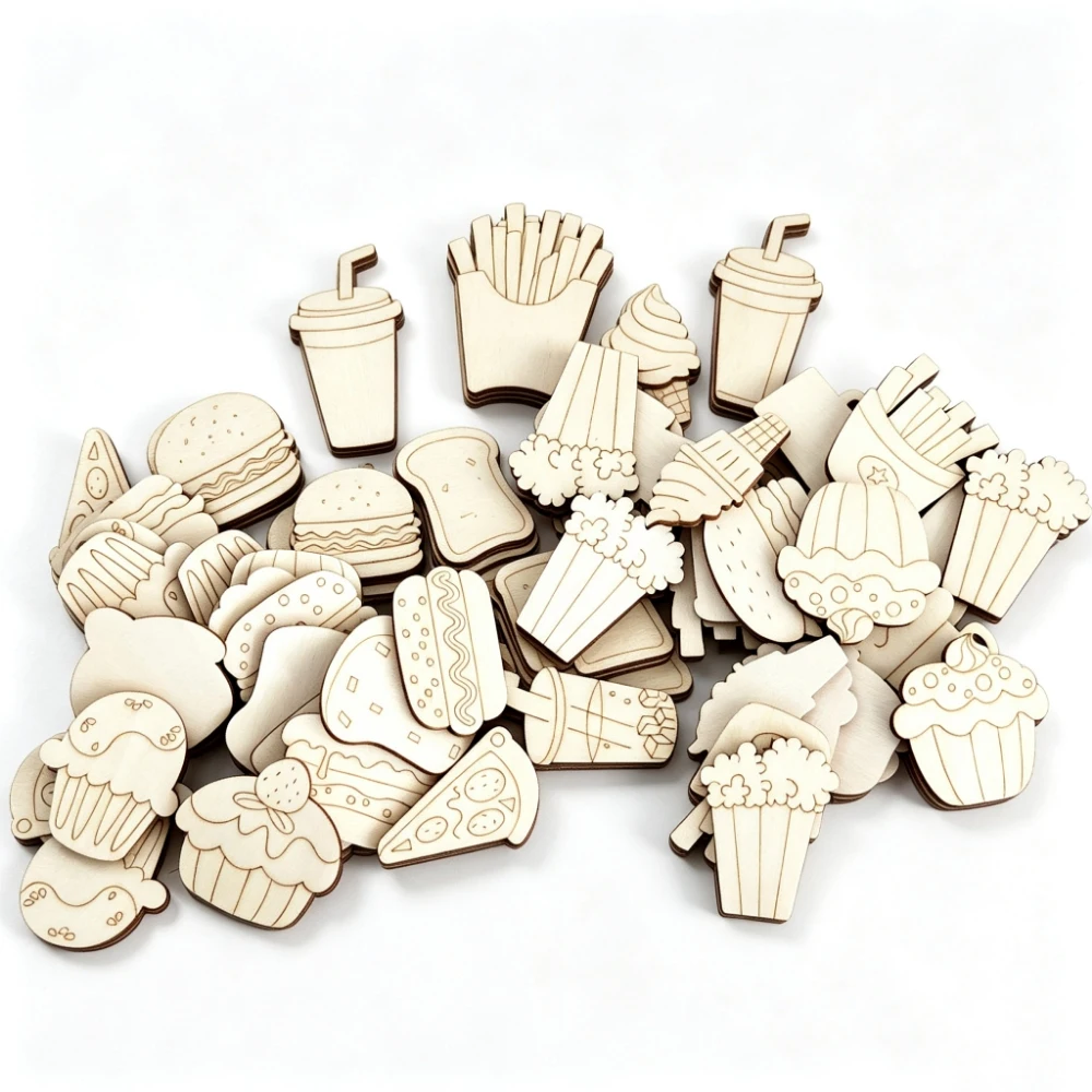 200PCS 40MM Random Cupcake Hot Dog Popcorn Wood Cutouts Unfinished Dessert Drink Food Theme Wooden Cutouts Wood DIY Crafts