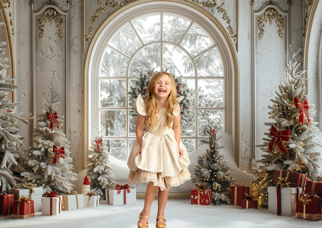 Christmas Backdrop Christmas Tree Garlands Gift White Arched Window Snow-covered Mountain View Background Photo Studio Photocall