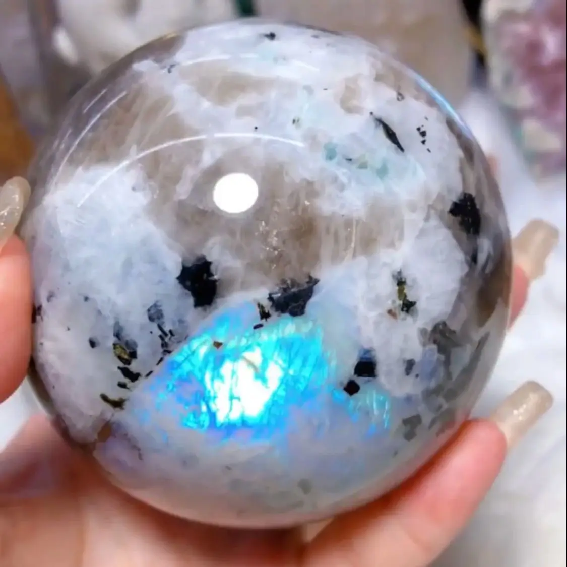 

High Quality Natural Crystal Rainbow Moonstone Sphere Blue Flash Light Gemstone Healing Reiki Energy Ore Ball Home Decorations