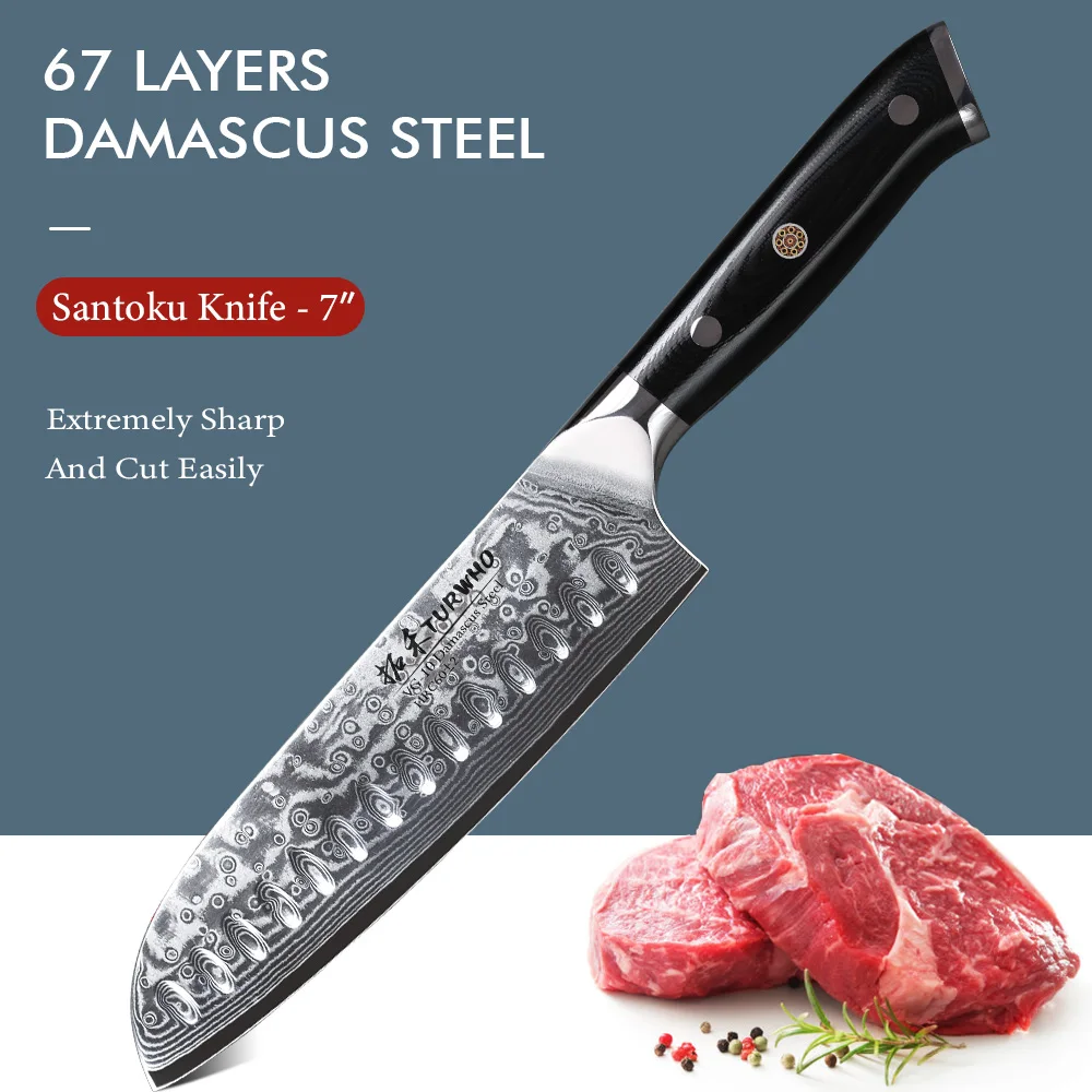 TURWHO 7 Inch Santoku Knife Japanese Style VG10 67 Layer Damascus Steel Blade Chef Knife Meat Cutting Kitchen Tool  G10 Handle