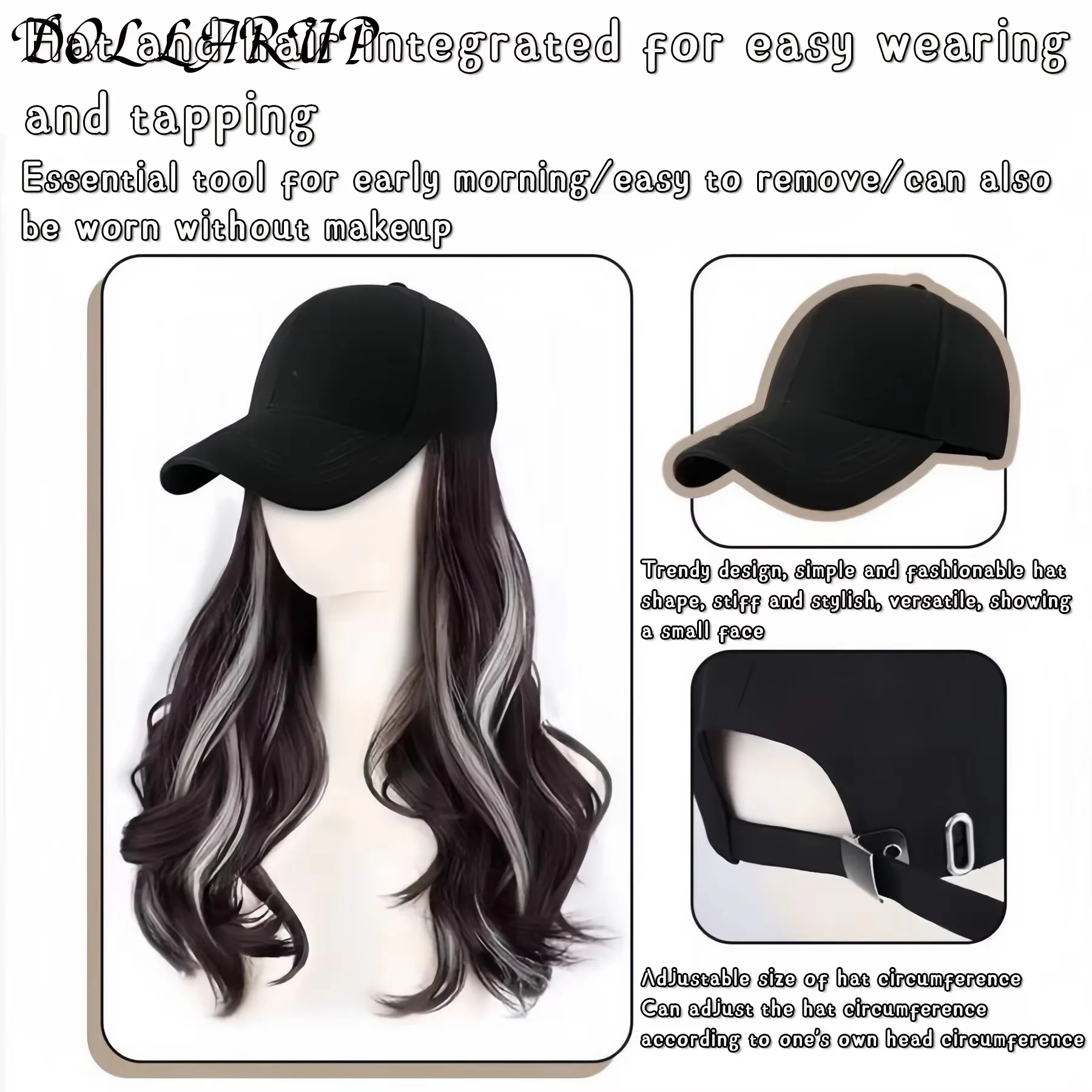 JKL peluca sintética de 40cm gorra de béisbol peluca de pelo largo y liso gorra de lengua de pato cabeza bobble pelo rizado cola de caballo bob regalo de Navidad