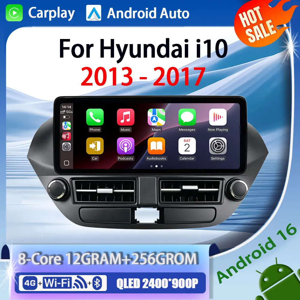 Auto-Radio GPS-Navi Stereo für Hyundai i10 2013 - 2017 Multimedia-Player WiFi 4G BT CarPlay Auto Android 16 Touchscreen 2K QLED