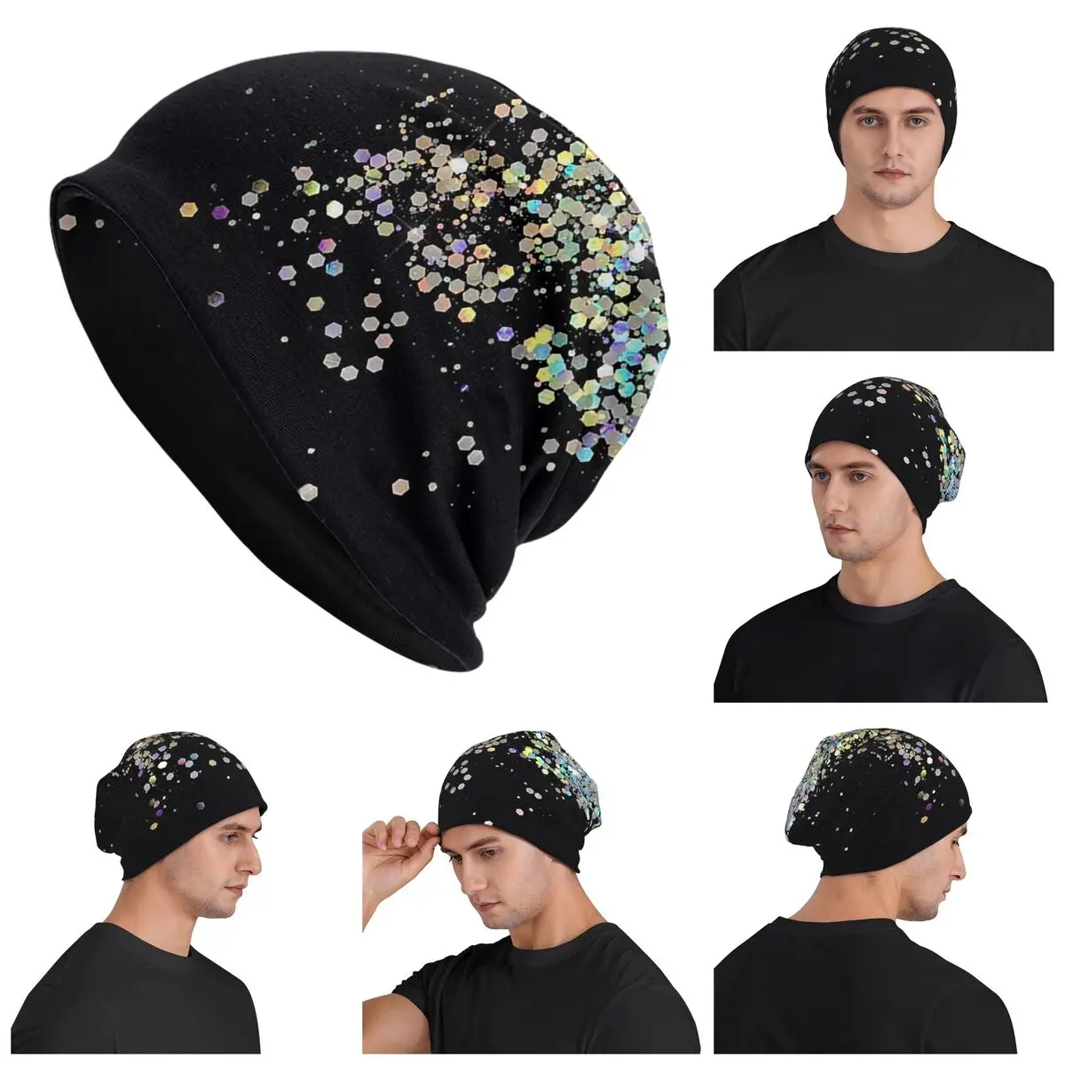 

Black And Holographic Sparkle Warm Knitted Cap Hip Hop Bonnet Hat Autumn Winter Outdoor Beanies Hats for Unisex Adult