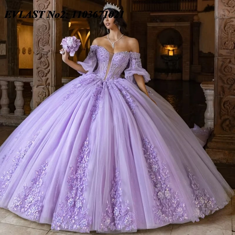 

EVLAST индивидуальное блестящее сиреневое платье Quinceanera с открытыми плечами, корсет с 3D кружевной аппликацией и бусинами, Sweet 16, Vestidos De 15 Anos E2QA18