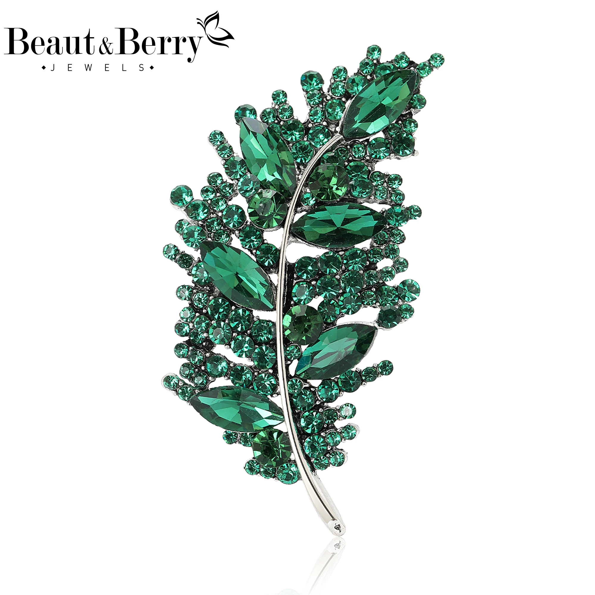 Beaut&Berry Trendy Rhinestone Feather Brooches for Women Unisex Creative Pins Casual Party Jewelry Accessories Gifts Decoration