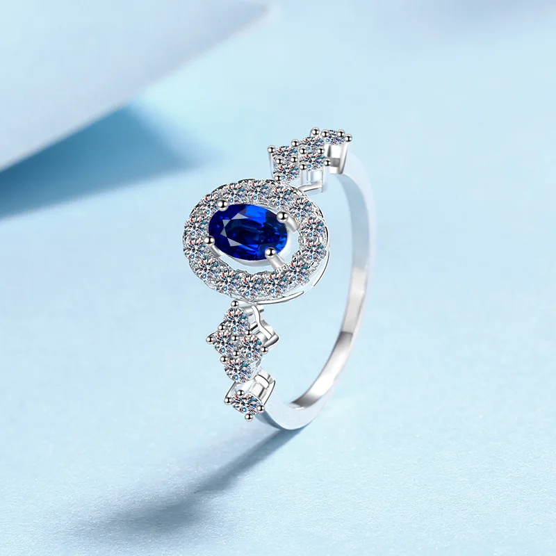Skin Flattering Royal Blue Oval Bezel Ring For Women 0.5ct Moissanite PT950 Platinum | Rich color, gentle and noble