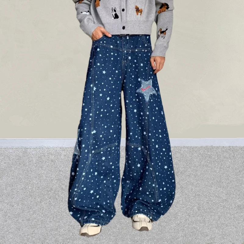 

202, американские ретро Y2K, модные мешковатые джинсы с синей звездой и вышивкой, брюки для мужчин, одежда, широкие джинсовые брюки в стиле хип-хоп
