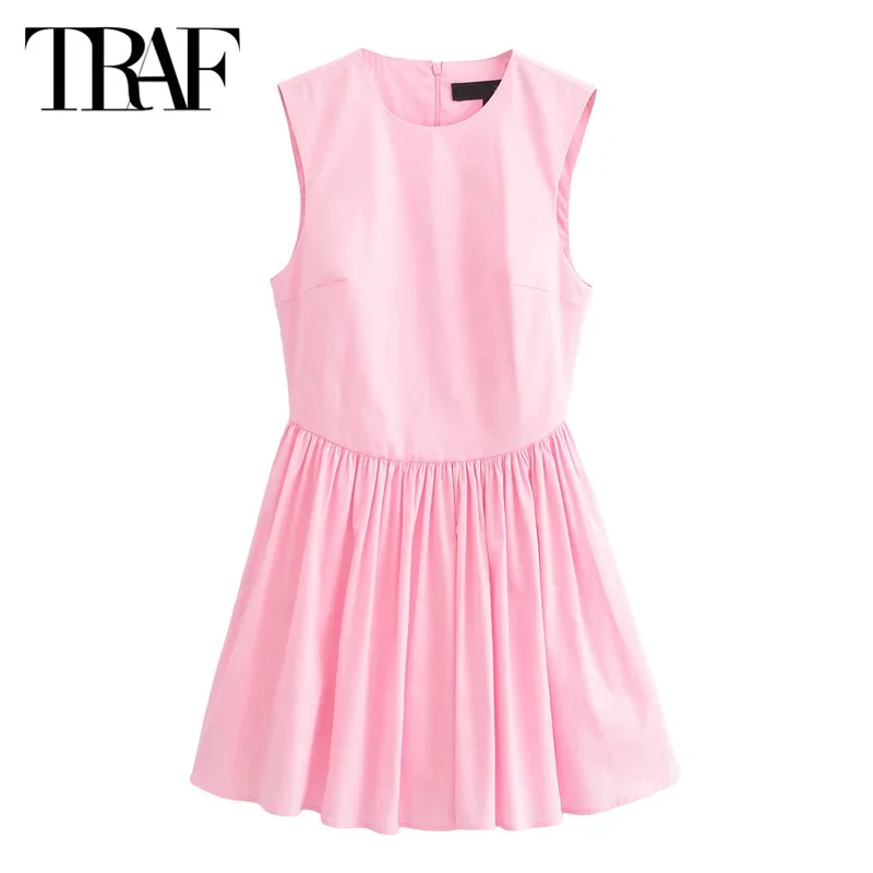 TRAF Women\'s Short Dresses 2024 Summer Elegant Party Sleeveless Pleated Mini Dress Ladies Fashion Casual Pink Short Dresses