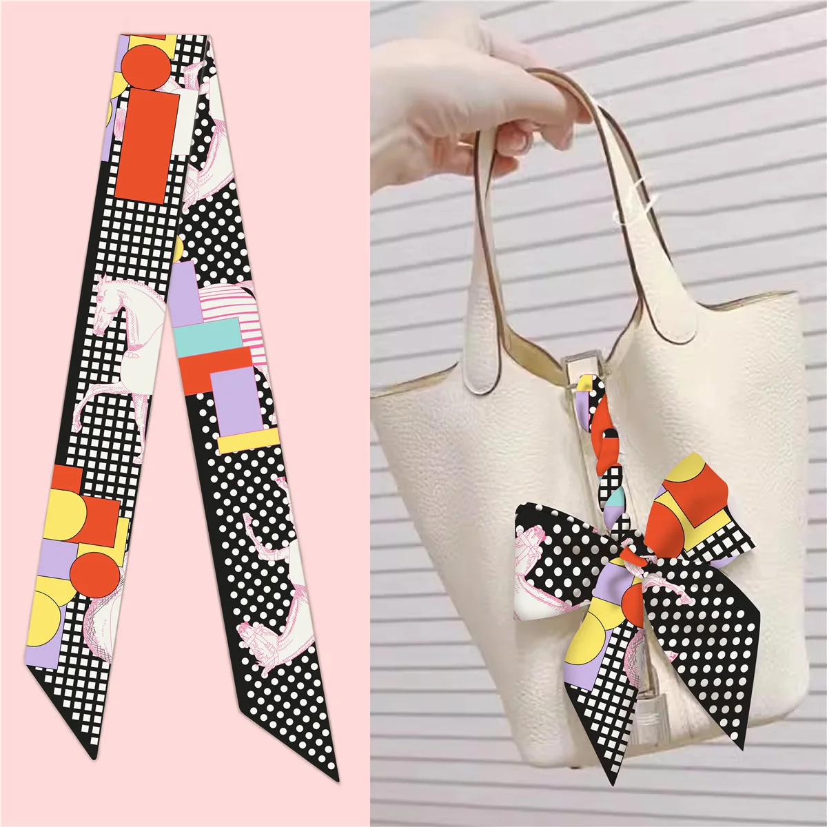 Selendang sutra twill motif polkadot kotak-kotak Prancis musim gugur baru ukuran 5*90cm, pita pembungkus tas, syal sutra kecil untuk wanita