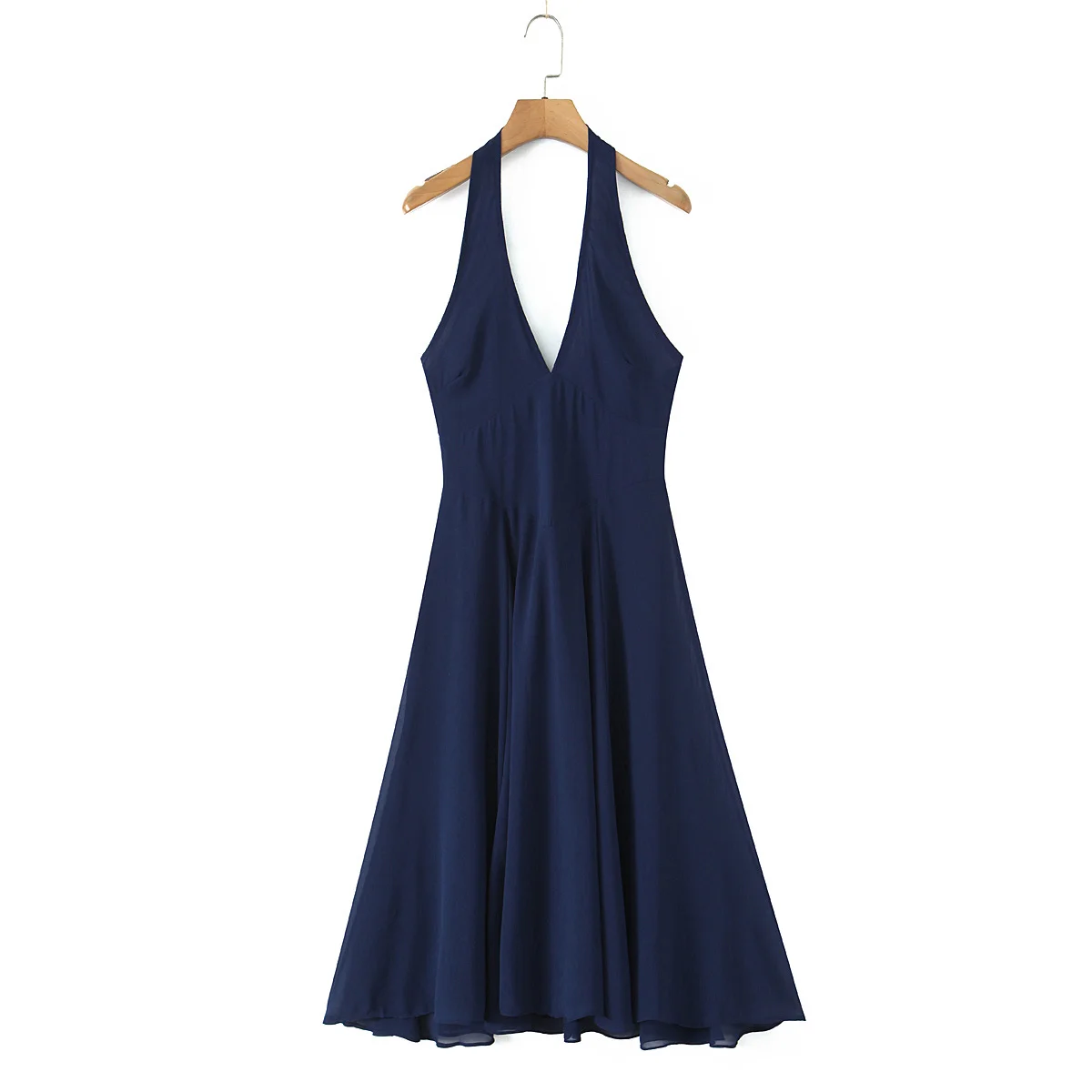 

Maxdutti French Fashion Women's Sleeveless Dress Navy Blue Halter Neck Sexy Backless Chiffon Dress Female Slim Fit Party Dress W