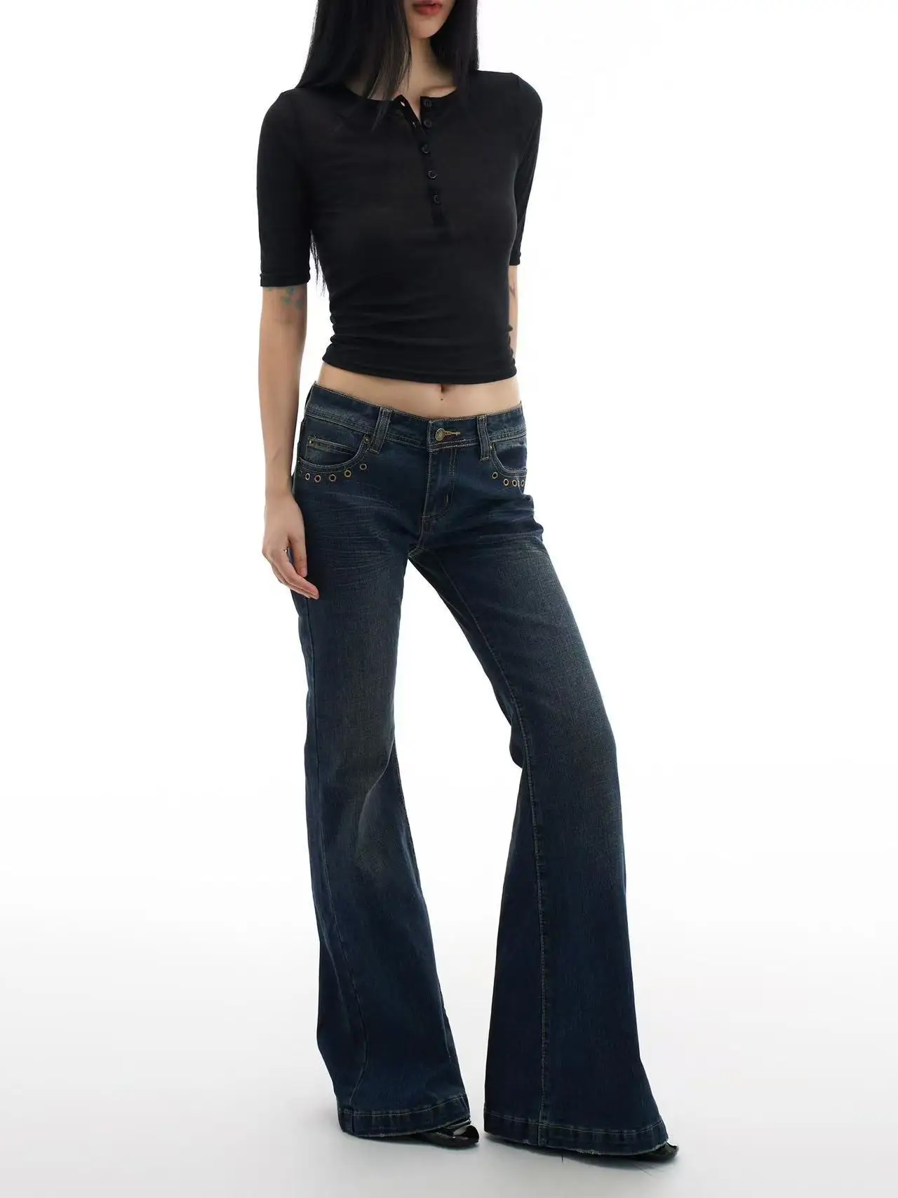 

Женские винтажные расклешенные джинсы Y2k с низкой посадкой, джинсовые брюки, уличная одежда в американском стиле ретро, узкие синие брюки большого размера, панталоны